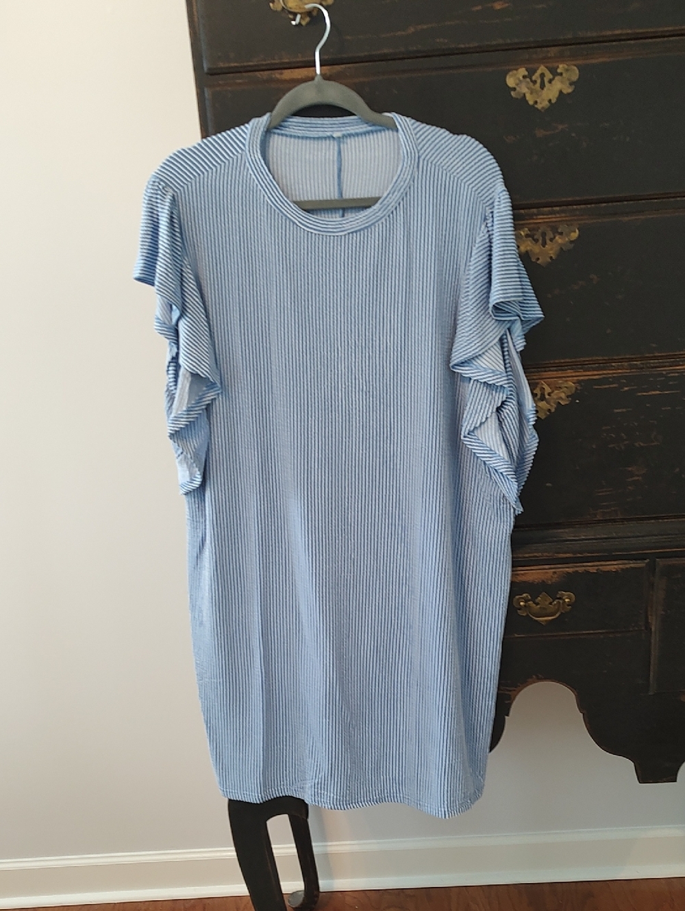 Light Blue Striped Ruffle Sleeve Dress